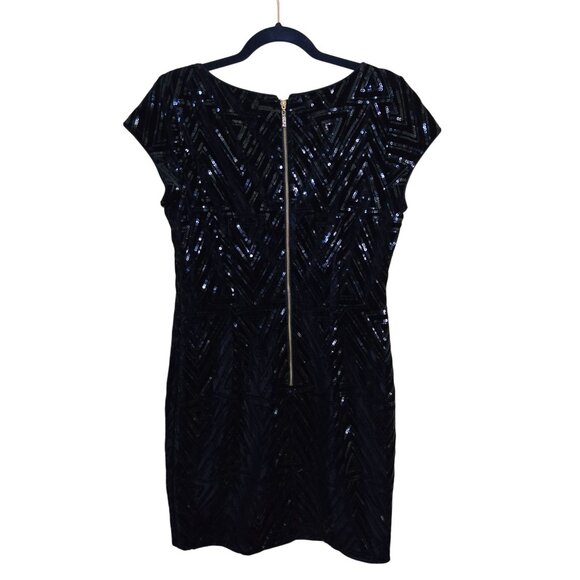 Eliza J Navy Velvet Sequined Zigzag Cap Sleeve Mini Dress Designer Size 10 - Picture 3 of 7